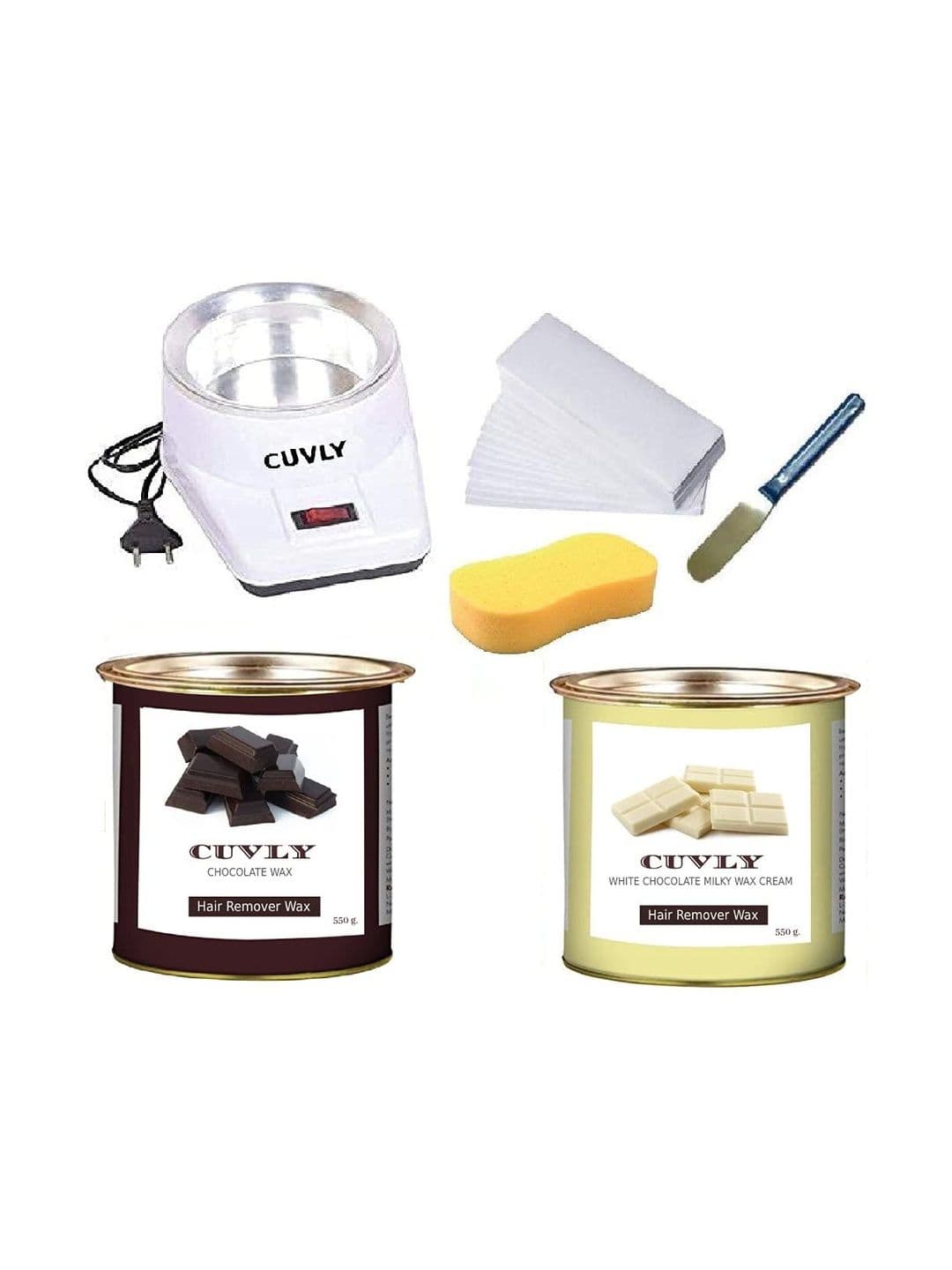 CUVLY Set Of 6 Charcoal & White Chocolate Cream Wax With Heater, Strips, Knife & Sponge - view 1