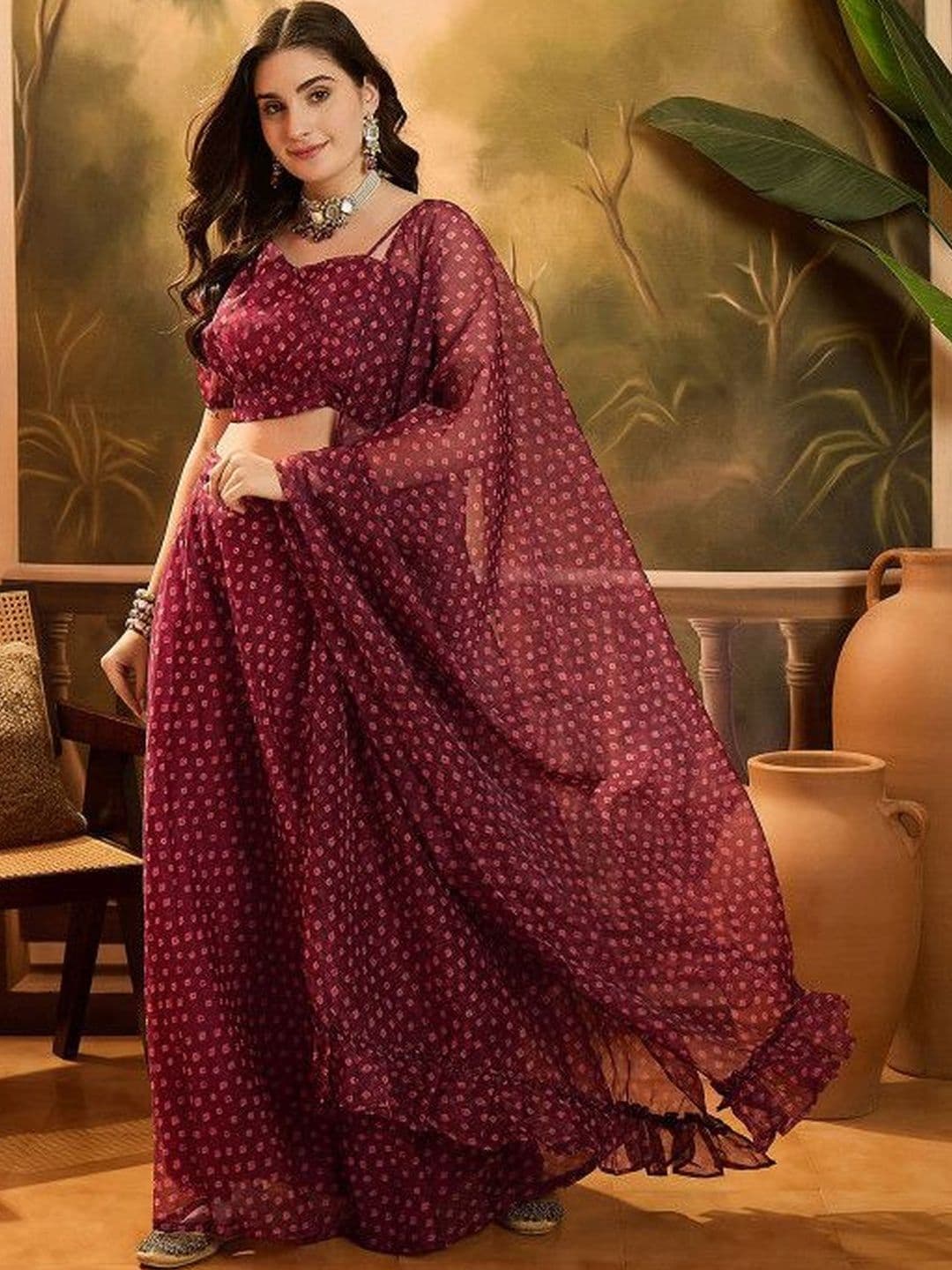AKS Printed Foil Print Semi-Stitched Lehenga & Blouse With Dupatta - view 1