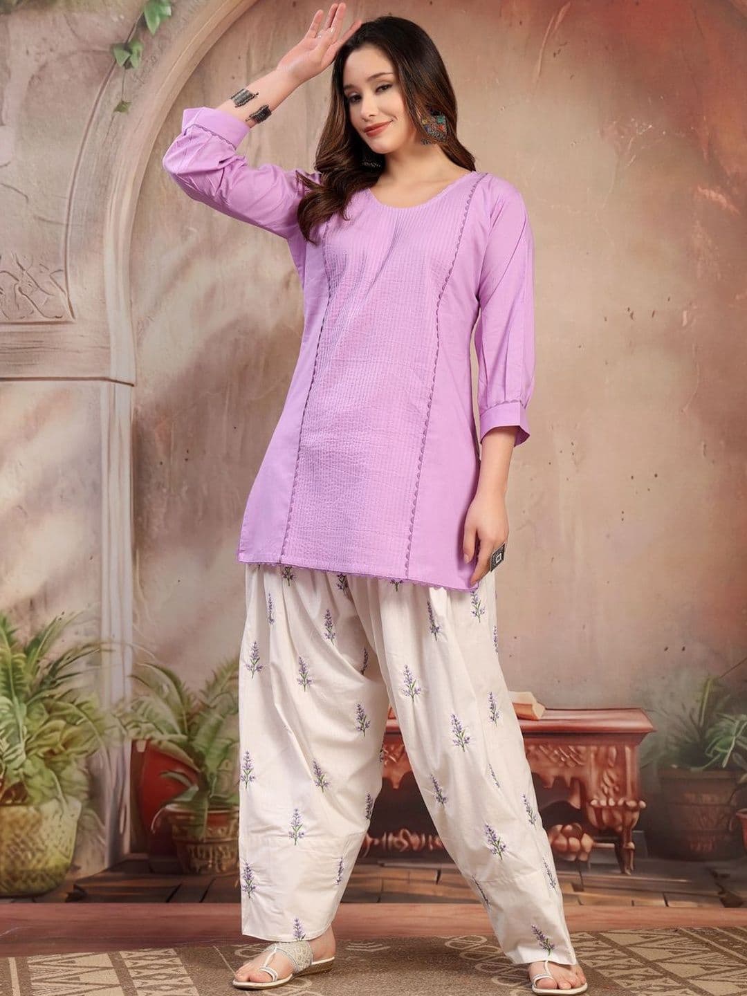 KALINI Women Solid Kurta with Front Pintucks and Embroidered Farshi Salwar Set - view 1