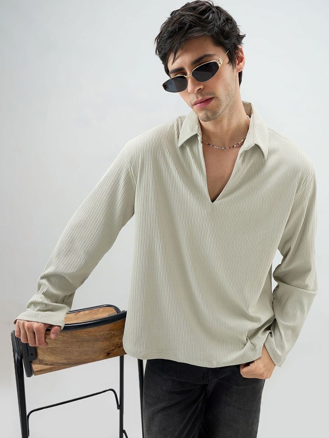 VASTRADO Sage Green Precision Ribbed Oversized Polo Knitted Shirt - view 1