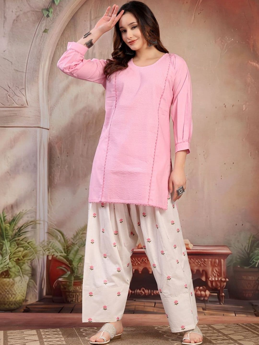 KALINI Women Solid Kurta with Front Pintucks and Embroidered Farshi Salwar Set - view 1