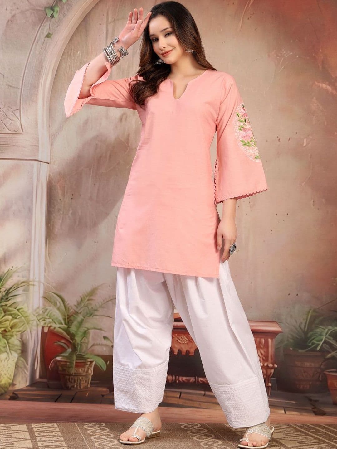 KALINI Women Floral Embroidered Regular Cotton Kurta with Farshi Salwar Set - view 1