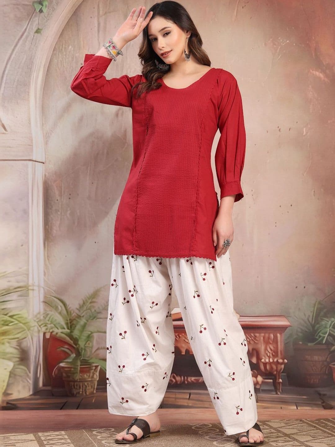 KALINI Women Solid Kurta with Front Pintucks and Embroidered Farshi Salwar Set - view 1