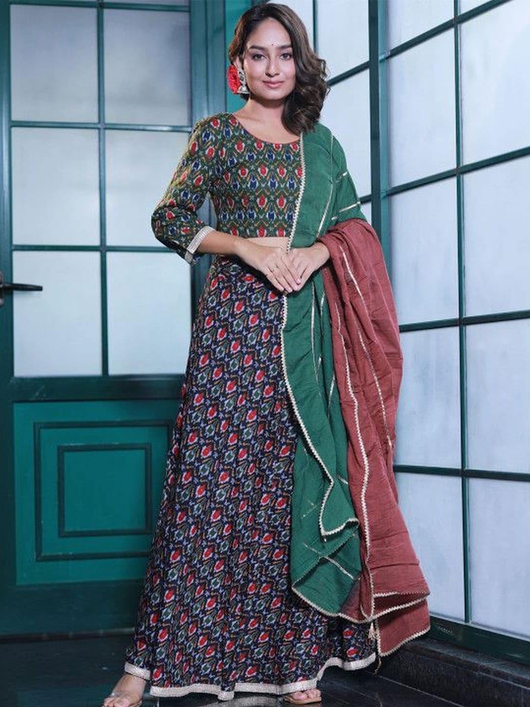 Sangria Printed Cotton Round Neck Flared Lehenga Choli - view 1