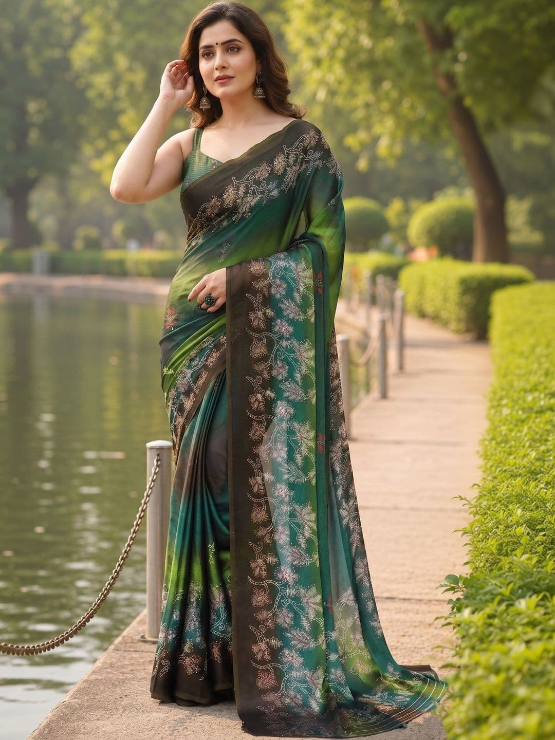 SUPERLAXMI Floral Embroidered Pure Chiffon Designer Saree - view 1