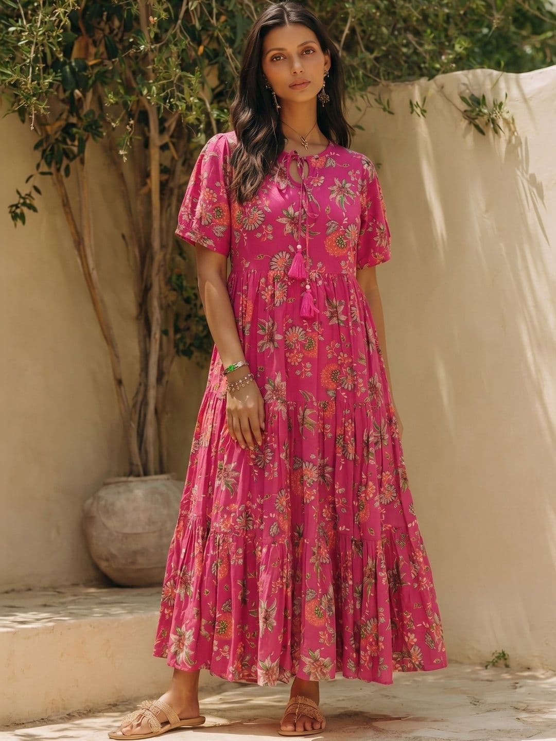 Sangria Floral Print Tie-Up Neck Puff Sleeve Fit & Flare Maxi Dress - view 1