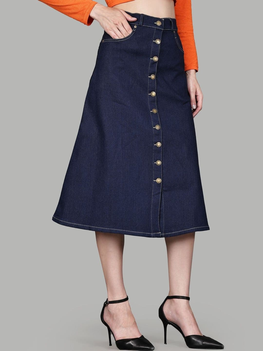Codaisy Women Denim Front Slit Midi A-Line Skirt - view 1