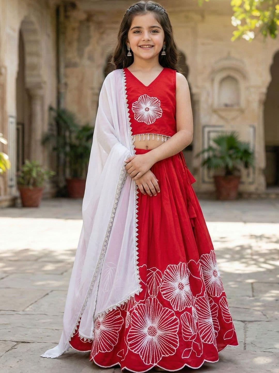 KALINI Girls Embroidered Thread Work Ready to Wear Lehenga & Blouse With Dupatta - view 1