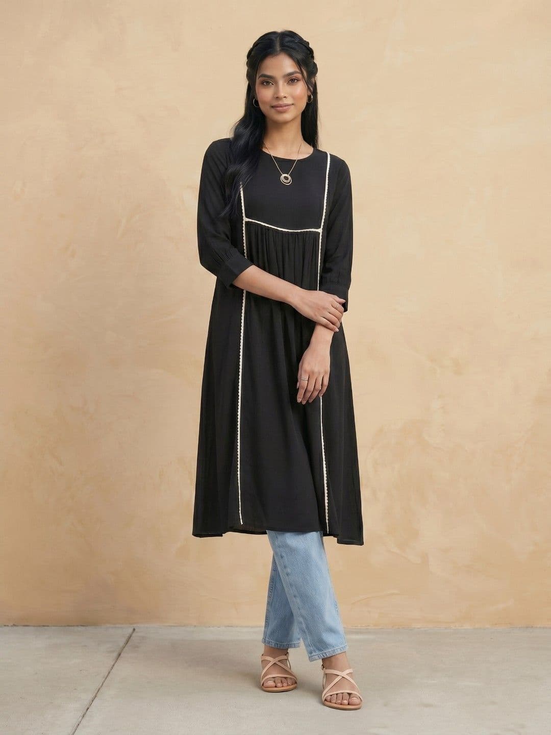 fusion by glitchez Gathered & Lace Detail A-Line Kurta - view 1