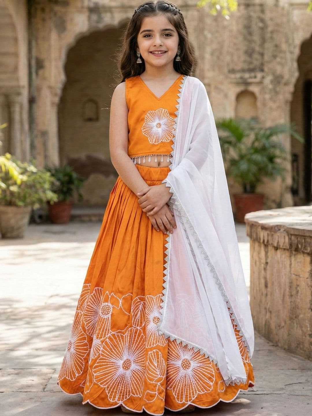 KALINI Girls Embroidered Thread Work Semi-Stitched Lehenga & Blouse With Dupatta - view 1