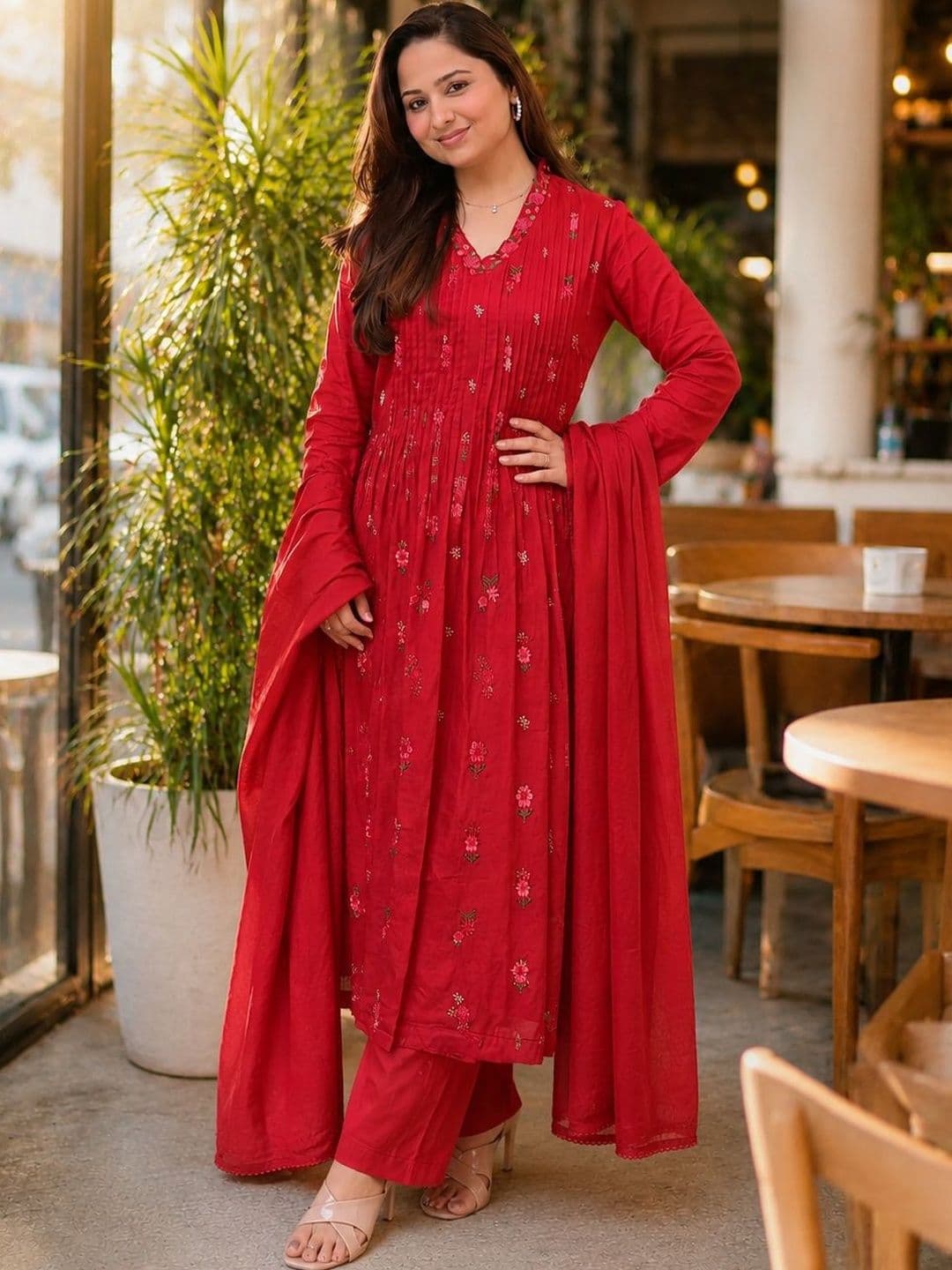 KALINI Women Floral Embroidered Pleated Thread Work Kurta with Trousers & With Dupatta - view 1