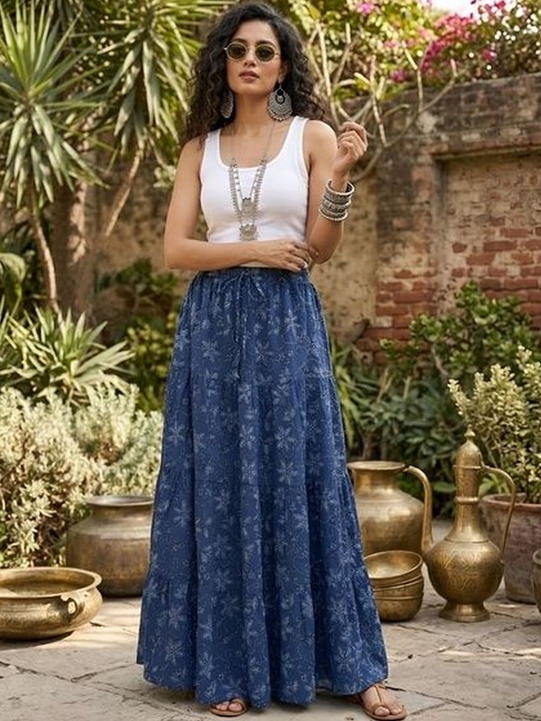 Nayo Women Pure Cotton Cotton Cambric Floral Maxi Tiered Skirt - view 1