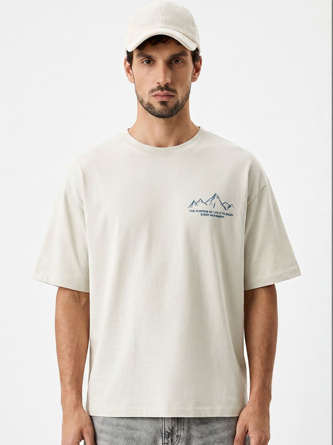 Crazymonk Men Typography The Purpose Life Off White Drop-Shoulder Sleeves Oversized Fit T-shirt - view 1