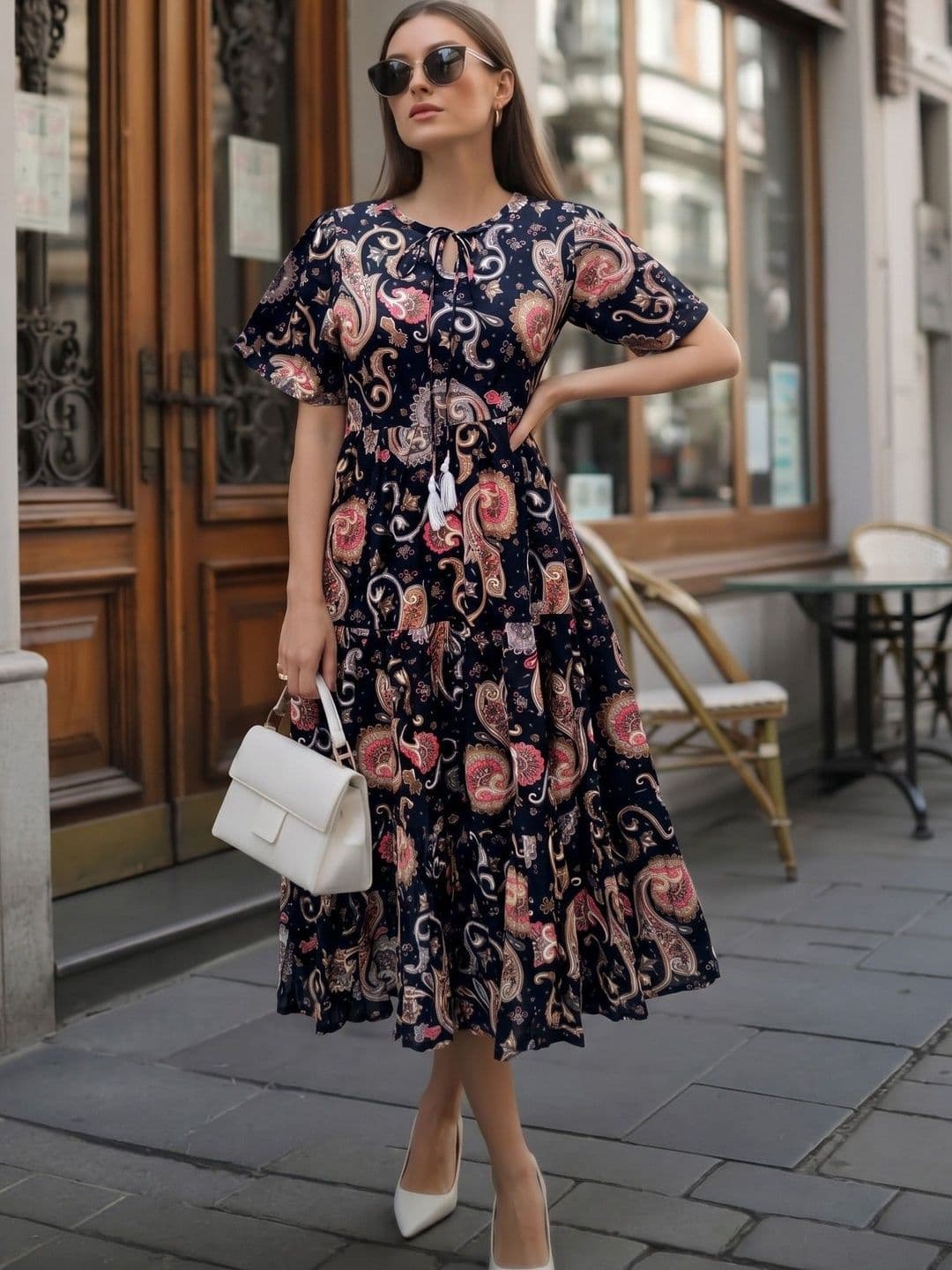 Sangria Print Tie-Up Neck A-Line Midi Dress - view 1