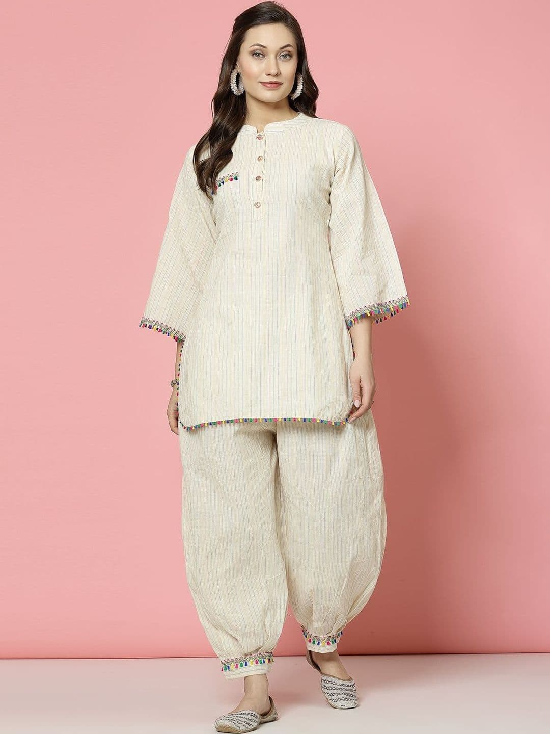 KALINI Women Ethnic Motifs Striped Regular Thread Work Kurti with Afghani Salwar - view 1