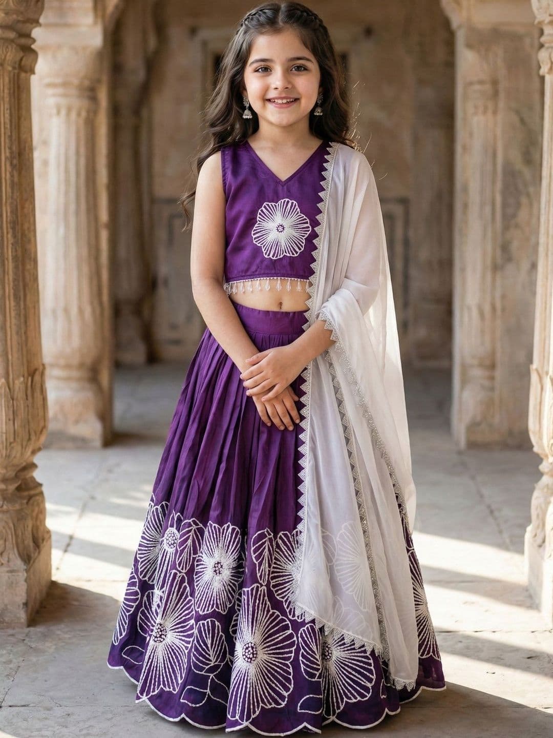 KALINI Girls Embroidered Thread Work Ready to Wear Lehenga & Blouse With Dupatta - view 1