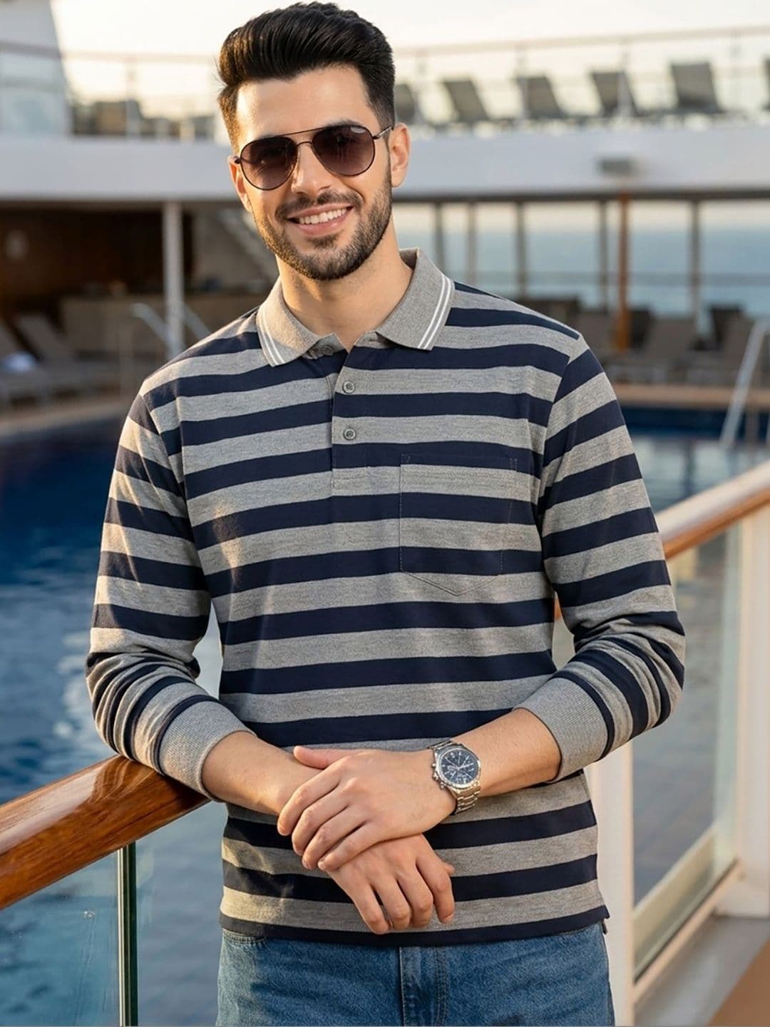 Mast & Harbour Men Striped Polo Collar Pockets T-shirt - view 1