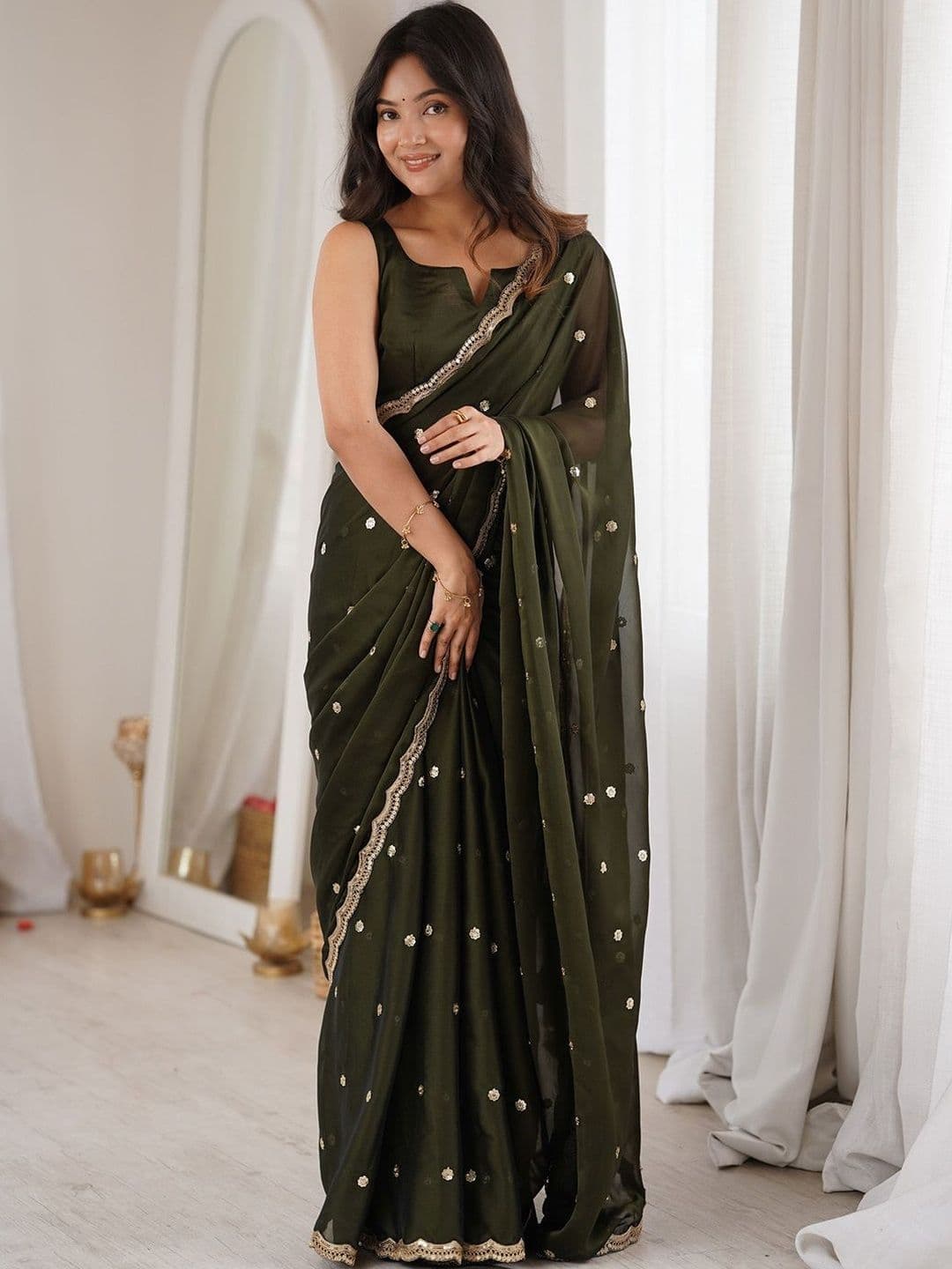Saree mall Olive Green Embellished Sequinned Georgette Heavy Work Sarees Unstiched Blouse - view 1
