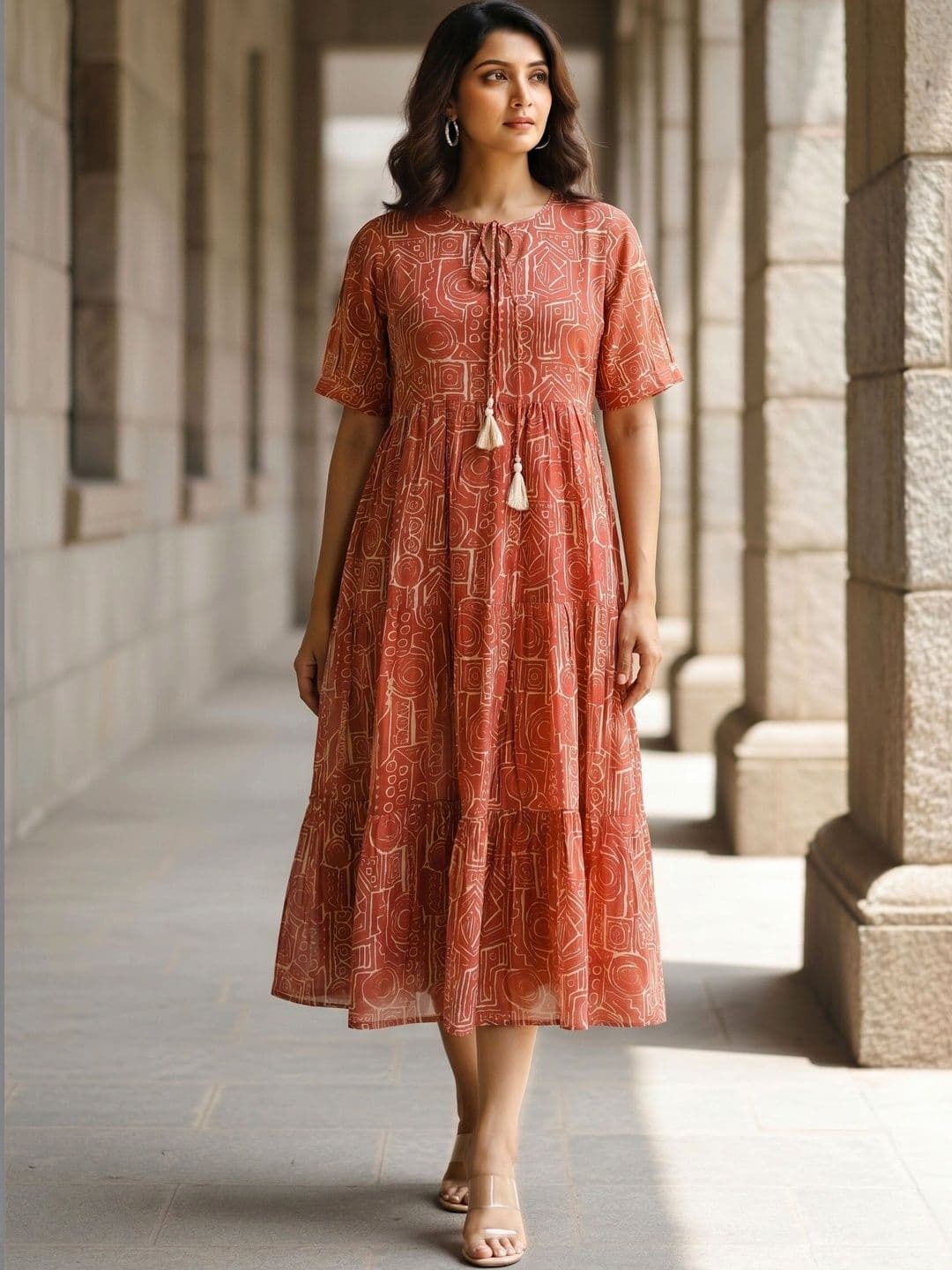 Sangria Print Tie-Up Neck Fit & Flare Midi Dress - view 1