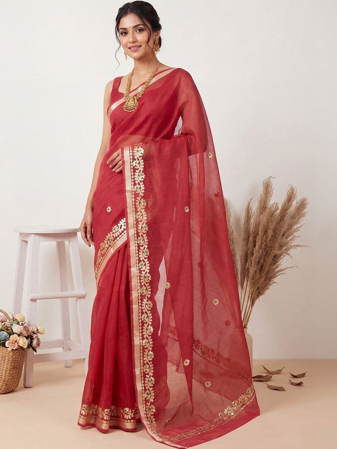 SOURAGYA Red Embellished Sequinned Heavy Work Saree Unstiched Blouse - view 1