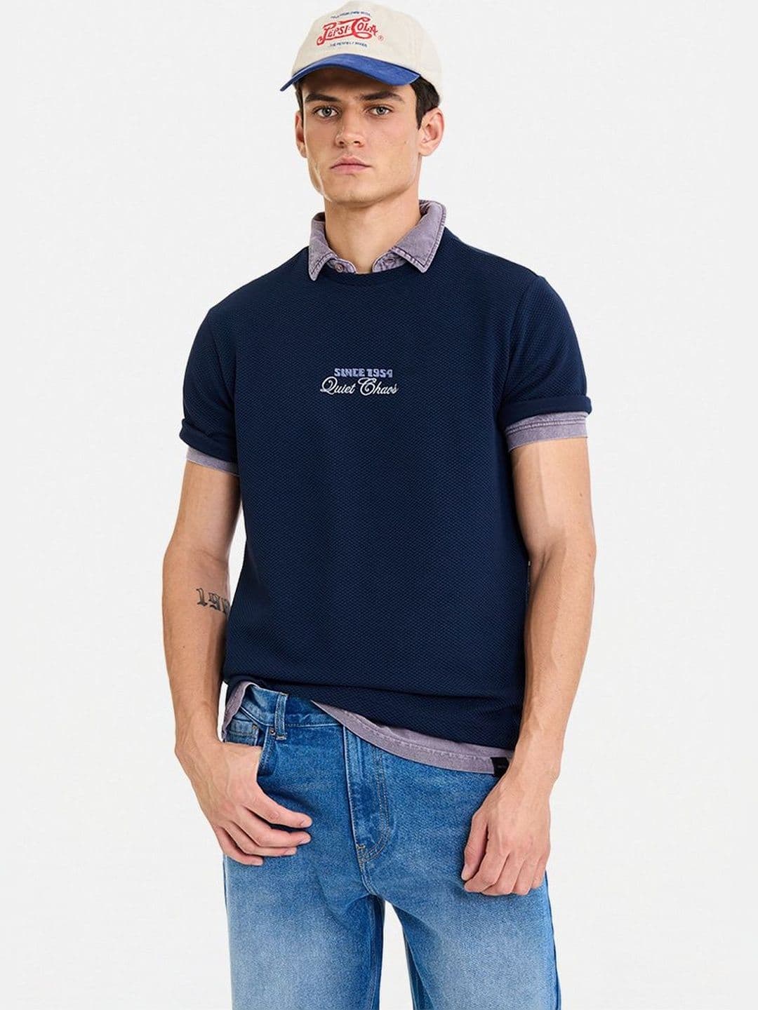 Snitch Typography Printed Polo Collar Applique Cotton T-shirt - view 1