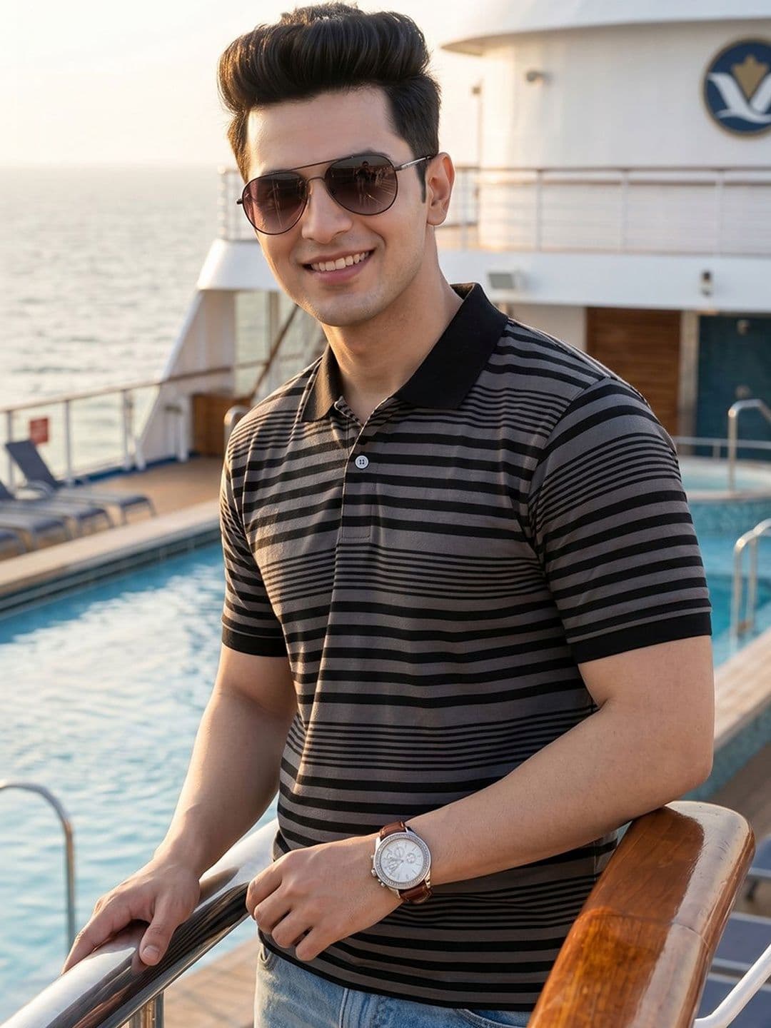 Mast & Harbour Men Striped Polo Collar T-shirt - view 1