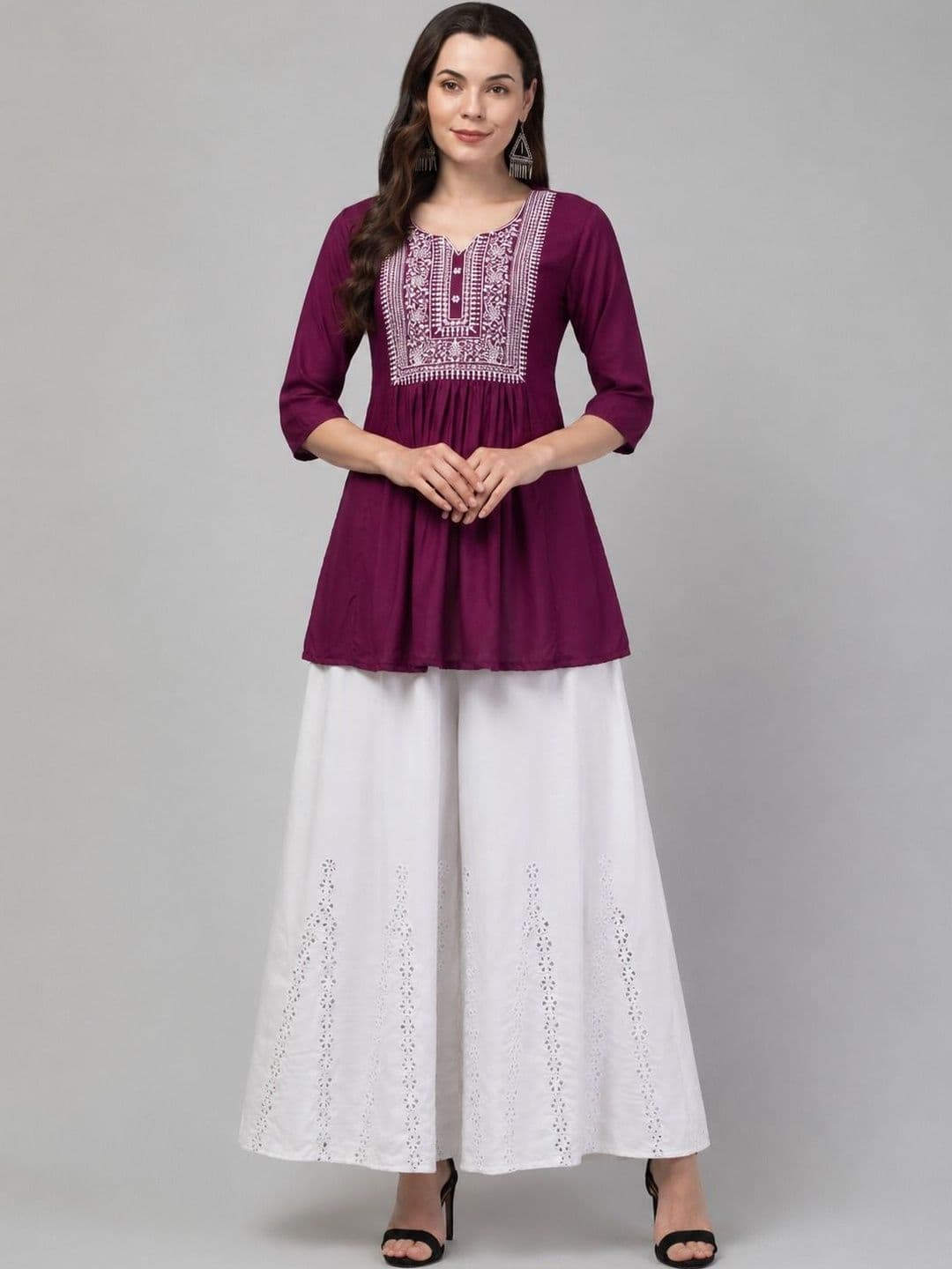 CROWN KING Women Ethnic Motifs Embroidered Regular Thread Work Kurti with Palazzos - view 1