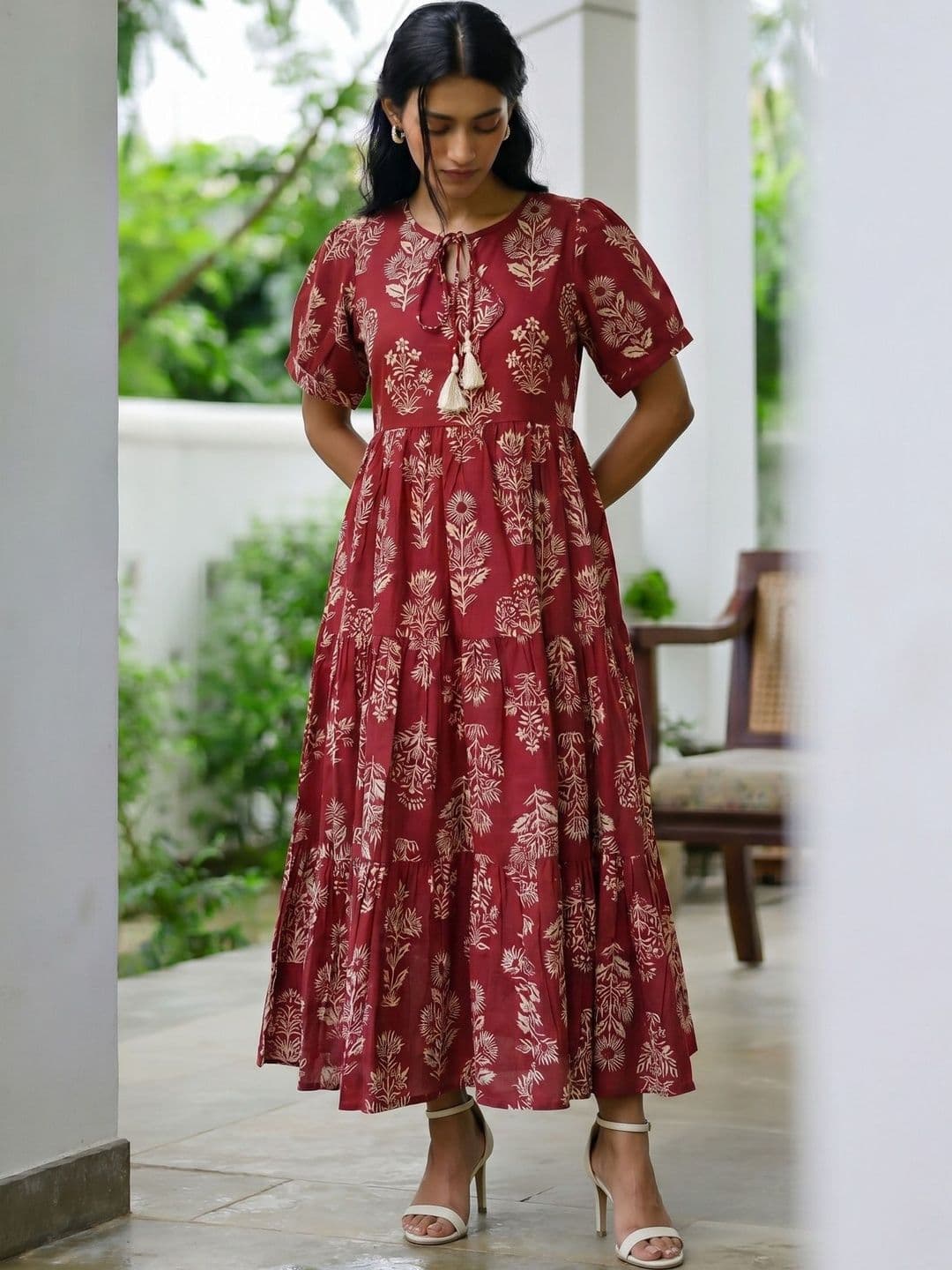 Sangria Floral Print A-Line Midi Dress - view 1