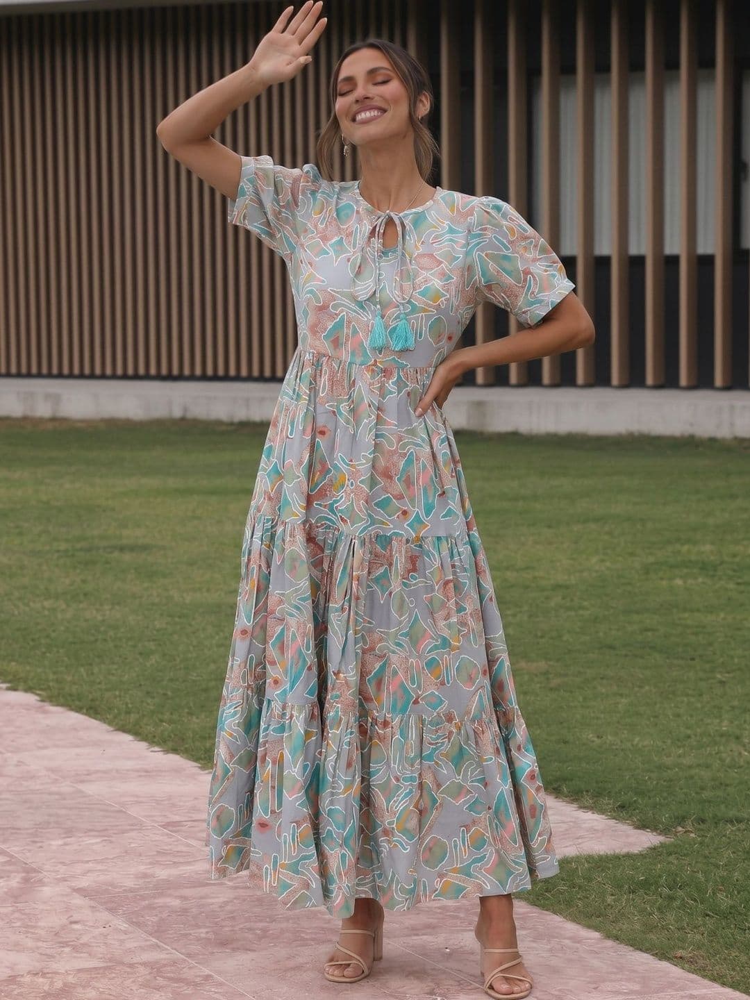 Sangria Print Tie-Up Neck Puff Sleeve A-Line Maxi Dress - view 1