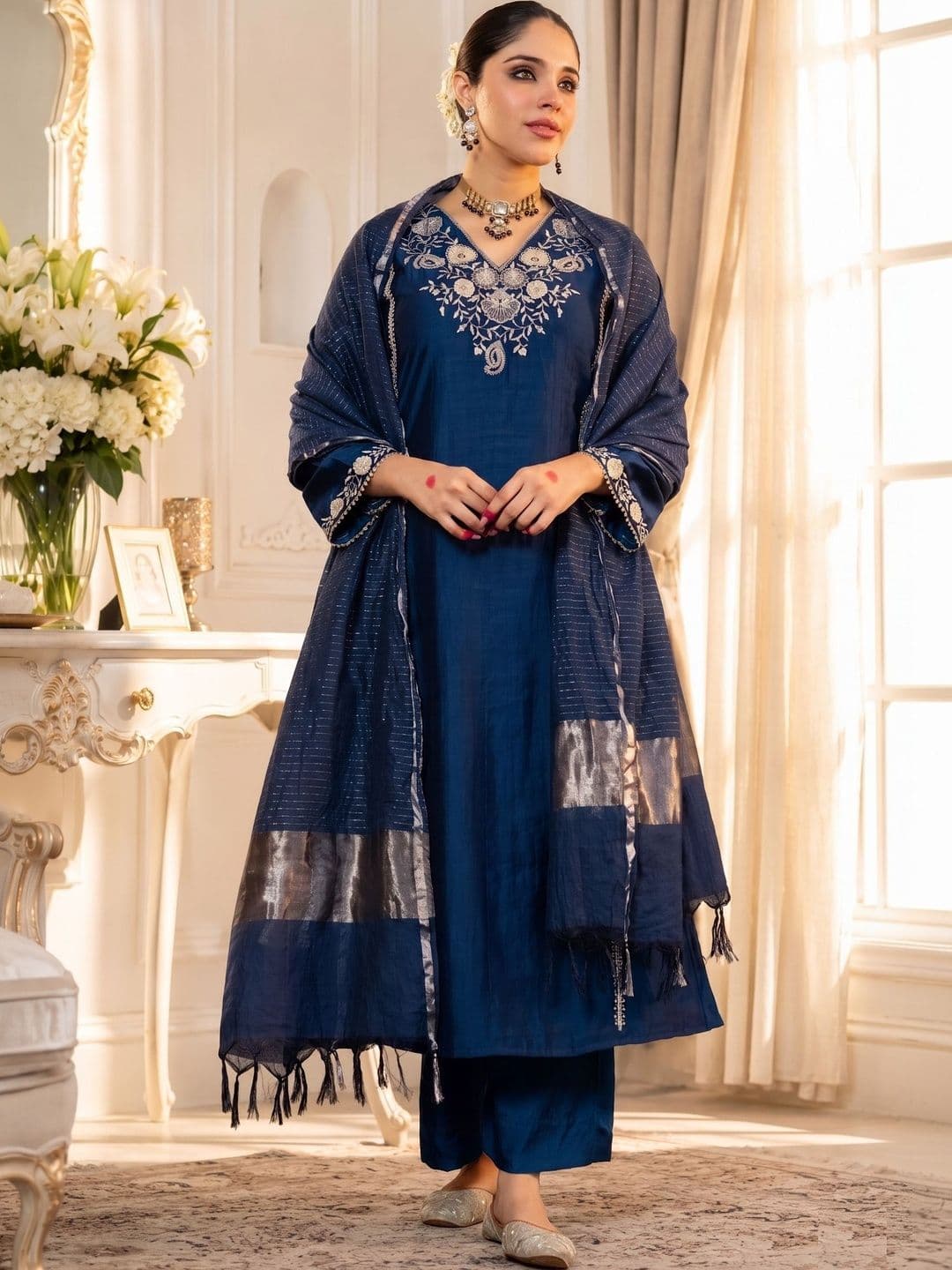 KALINI Women Ethnic Motifs Embroidered Regular Thread Work Kurta with Trousers & With Dupatta - view 1