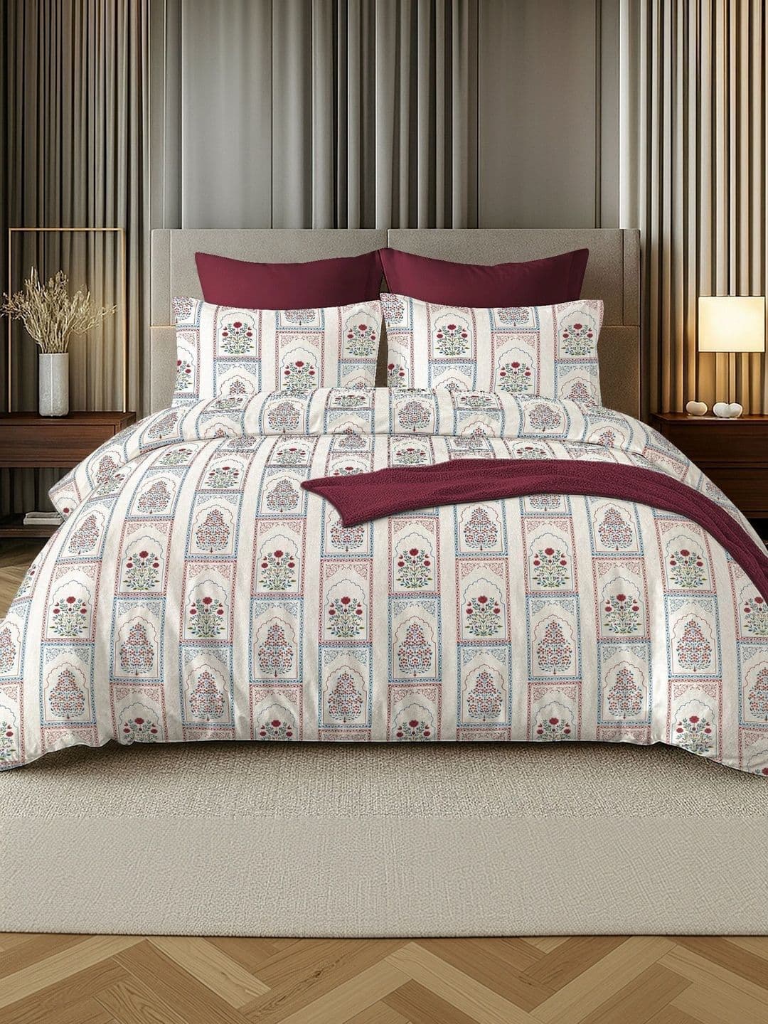 Sangria 3Pcs Maroon & Blue Printed 160 TC King Bedsheets With Pillow Covers-107 x 98 Inch - view 1