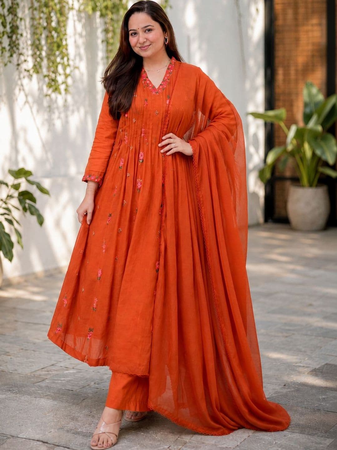 KALINI Women Floral Embroidered Tiered Thread Work Kurta with Trousers & With Dupatta - view 1