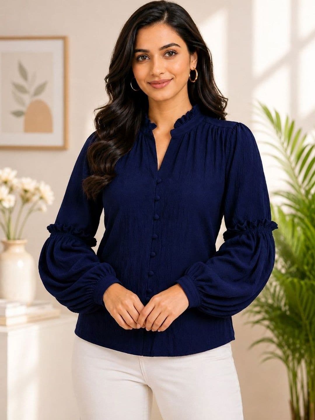 KAYRAAH Mandarin Collar Puff Sleeves Kurti - view 1