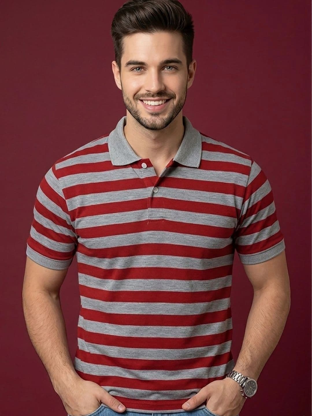 Mast & Harbour Striped Polo Collar Short Sleeves T-shirt - view 1