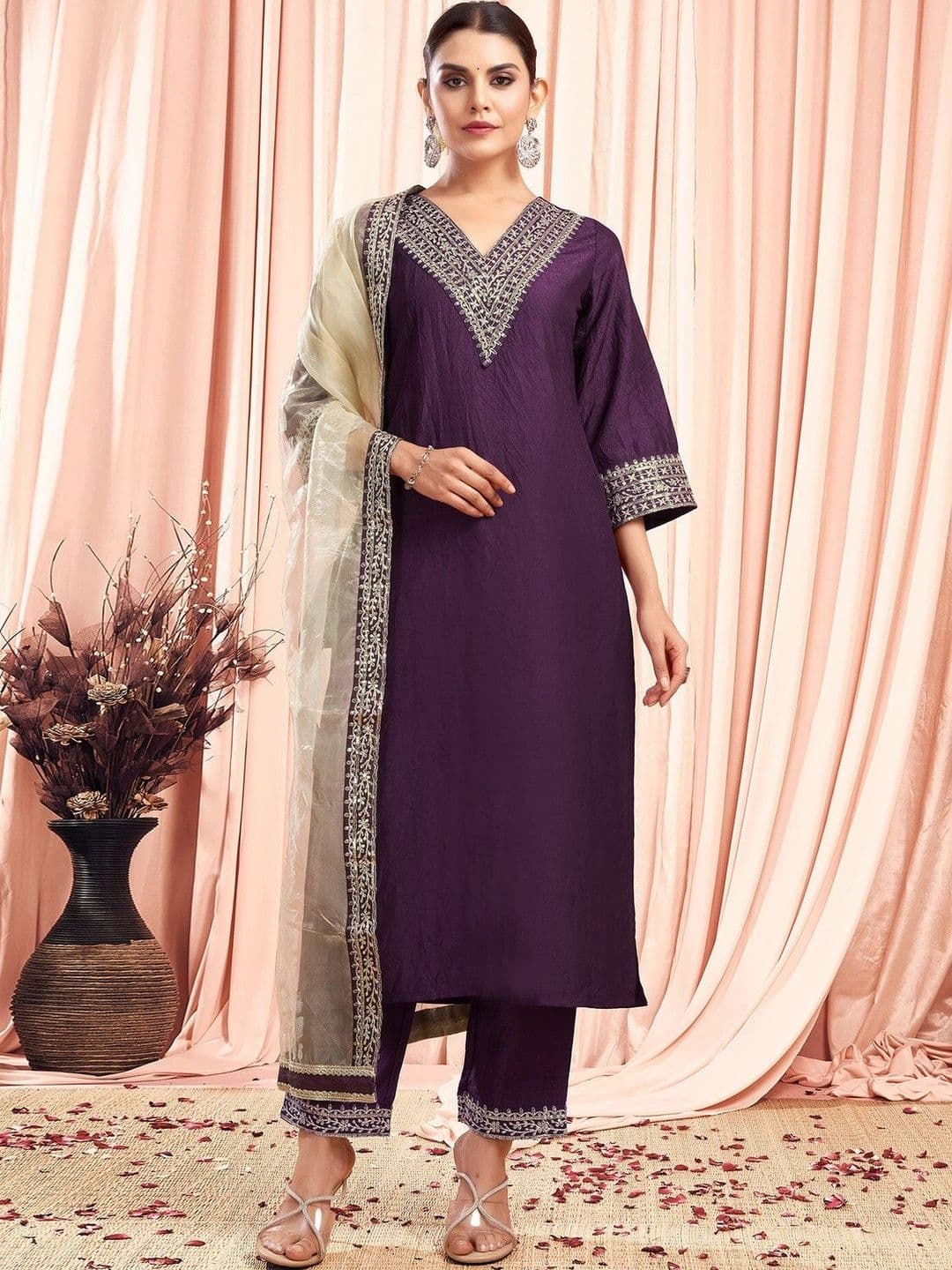 MAA BHAKTI ENTERPRISE Women Ethnic Motifs Embroidered Regular Thread Work Kurta with Trousers & With Dupatta - view 1