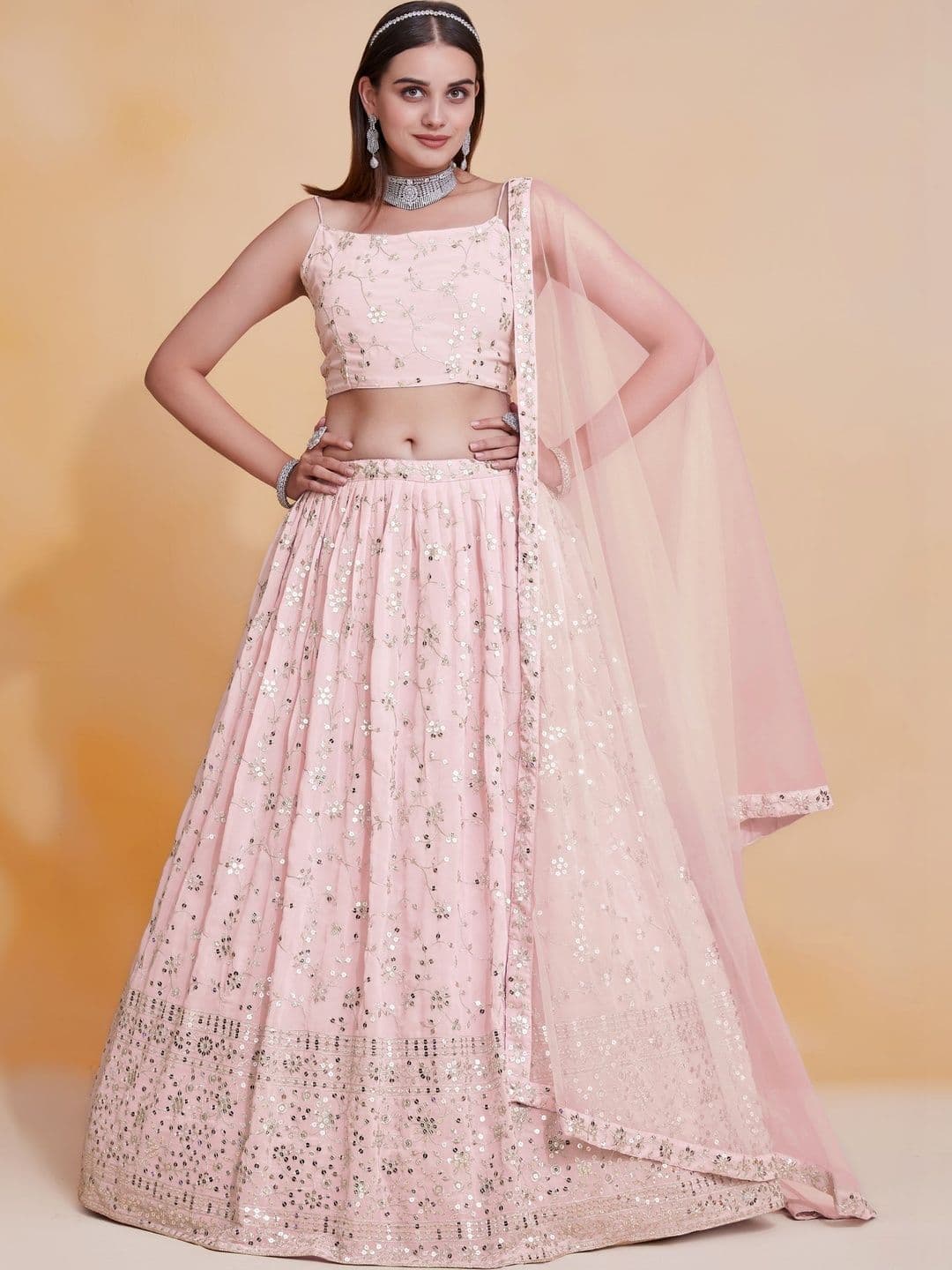 House of Pataudi Embellished Sequinned Semi-Stitched Lehenga & Blouse With Dupatta - view 1