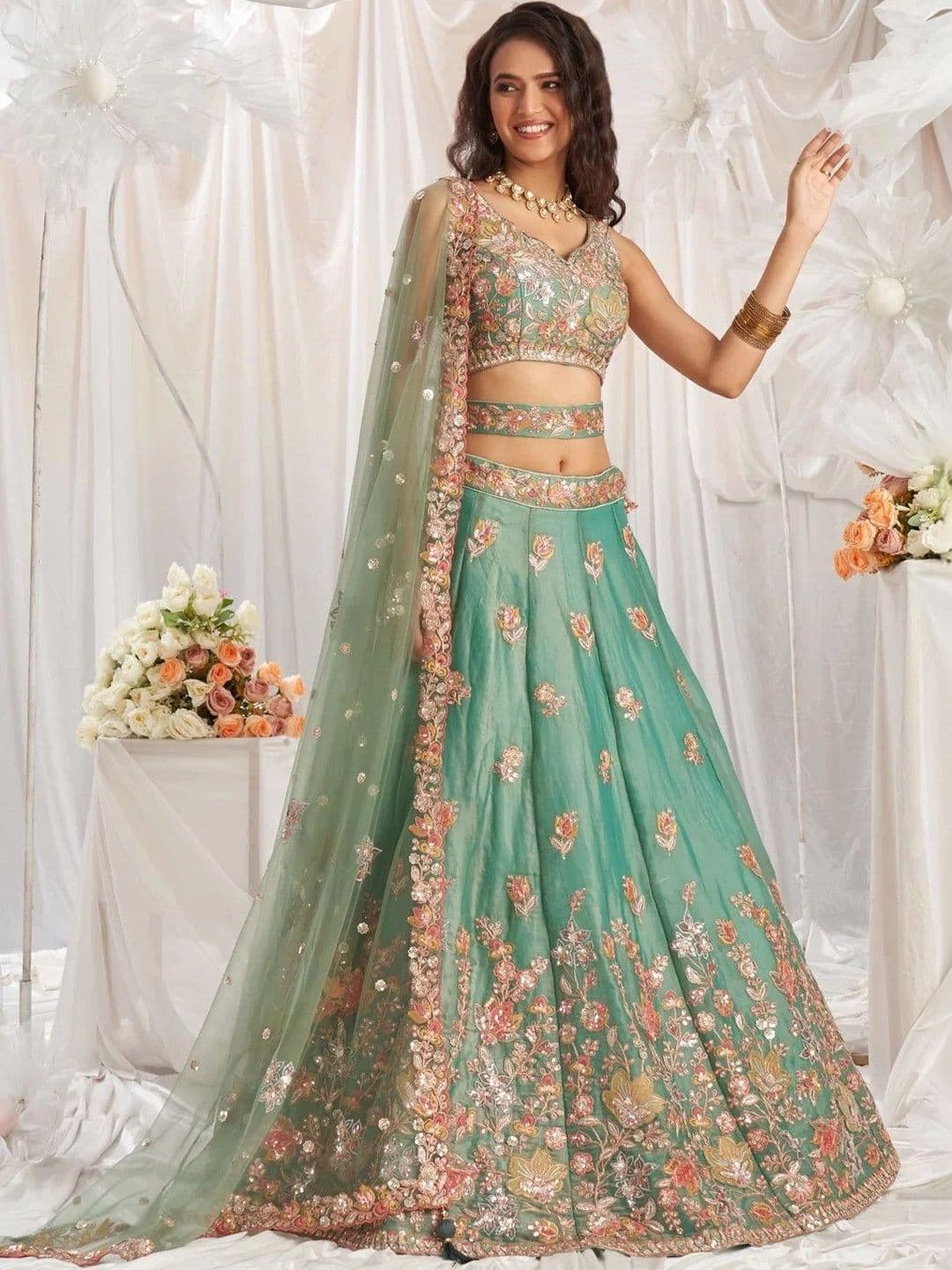 House of Pataudi Embroidered Sequinned Semi-Stitched Lehenga & Blouse With Dupatta - view 1