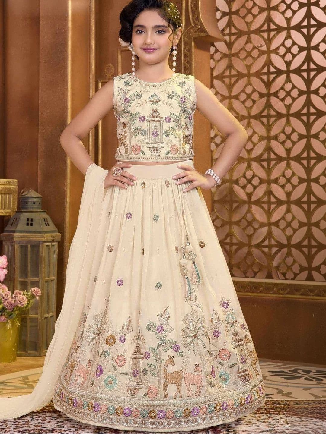 Lagorii Girls Embroidered Thread Work Semi-Stitched Lehenga & Blouse With Dupatta - view 1