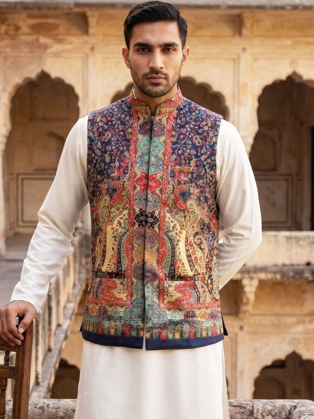 Jompers Printed Velvet Woven Nehru Jackets - view 1