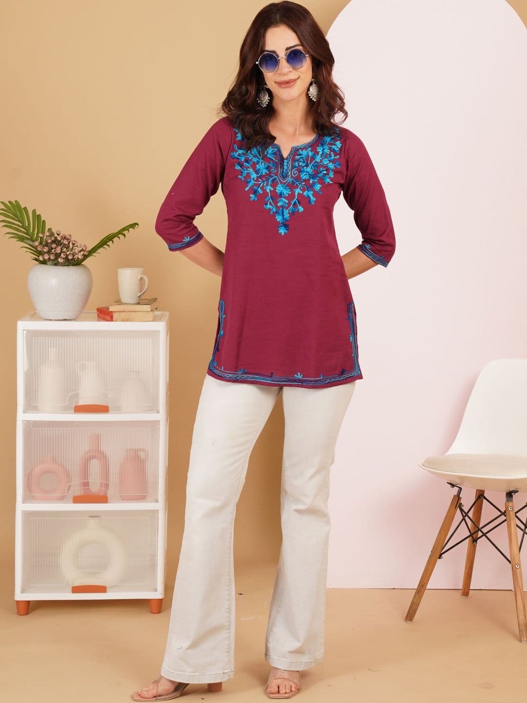 Sangria Embroidered V-Neck Thread Work Pure Cotton Blend Thread Work Kurti - view 1