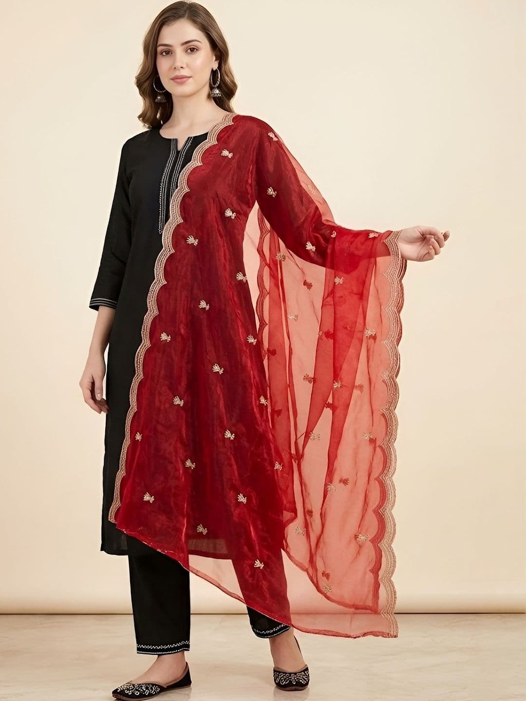 MUFFLY Ethnic Motifs Embroidered Dupatta with Thread Work - view 1