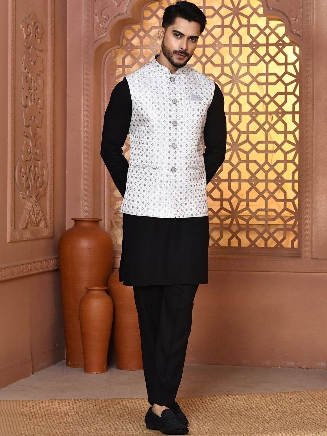 WANAS Men Woven Design Grey Jacquard Classy Fit Nehru Jacket - view 1