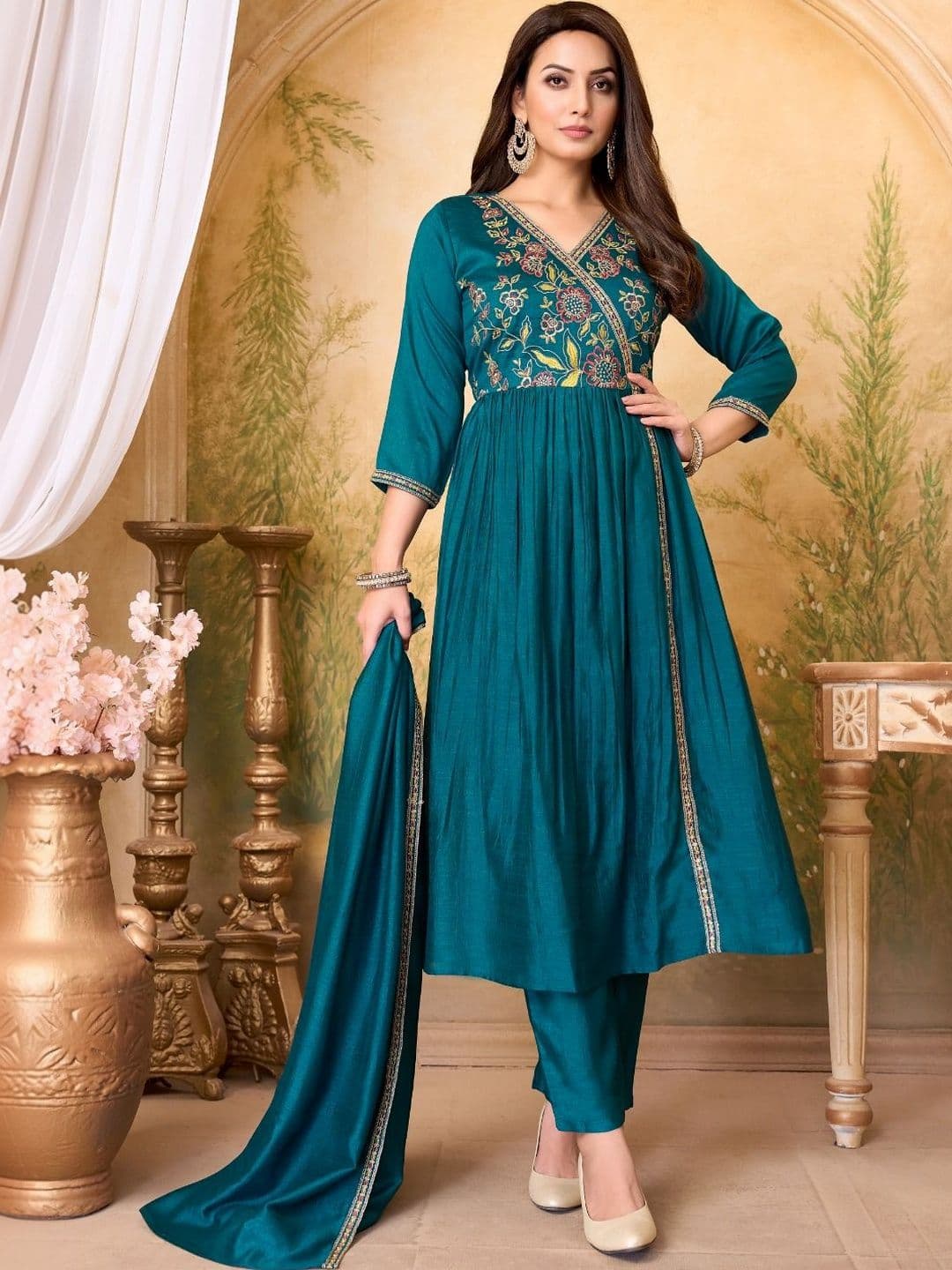 Sangria Women Floral Embroidered Angrakha Thread Work Kurta with Trousers & With Dupatta - view 1