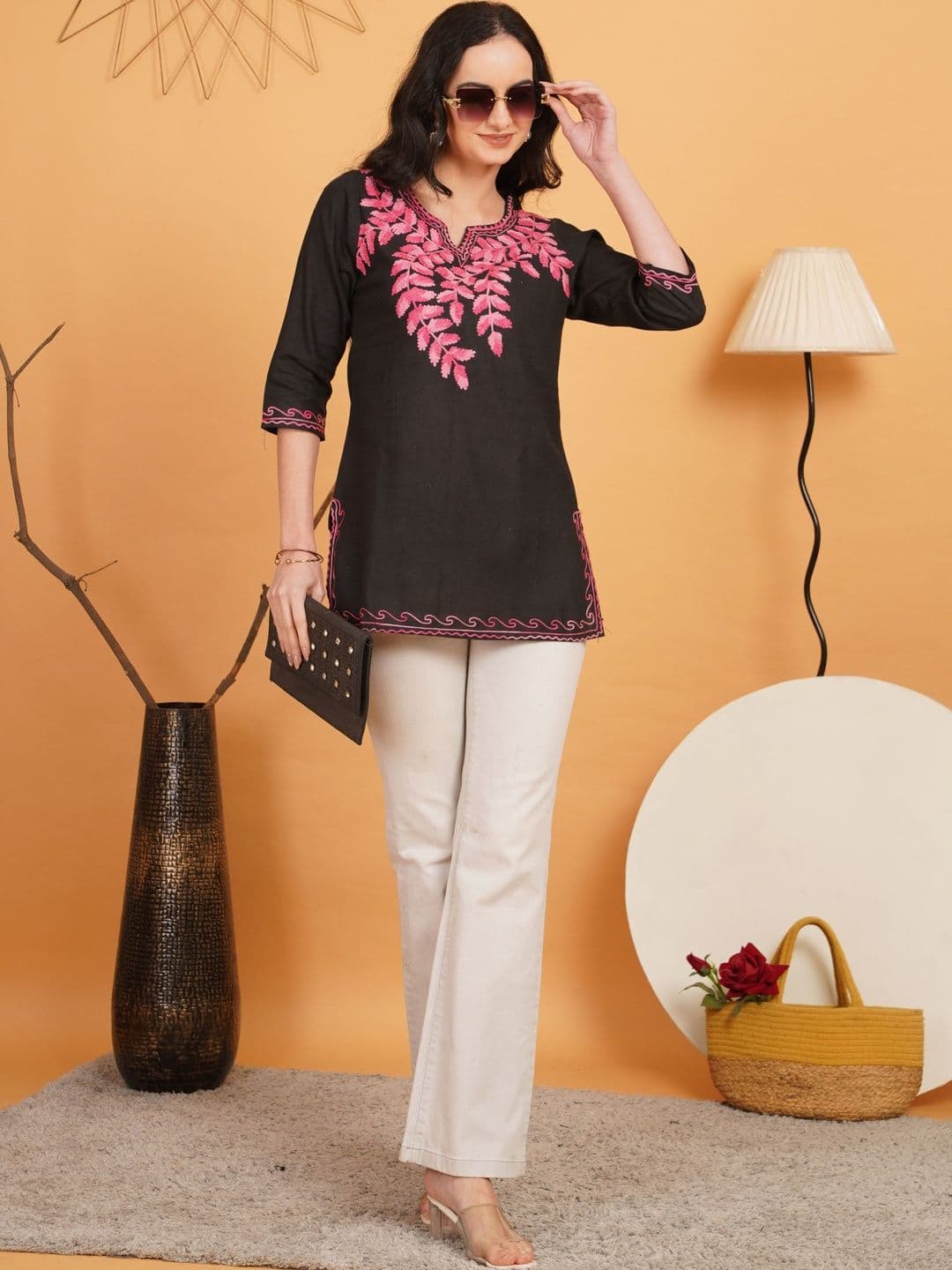Sangria Ethnic Motifs Embroidered V-Neck Thread Work Pure Cotton Blend Thread Work Kurti - view 1