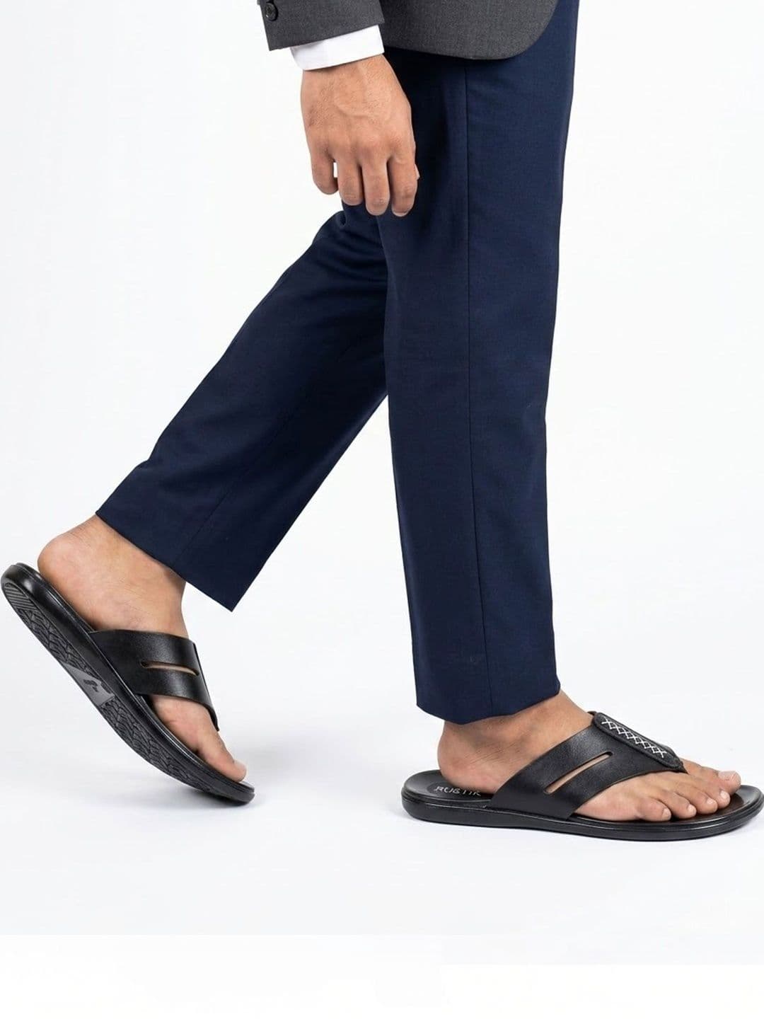 RUSTIK Men Black Textured Synthetic Leather Comfort Sandals - view 1