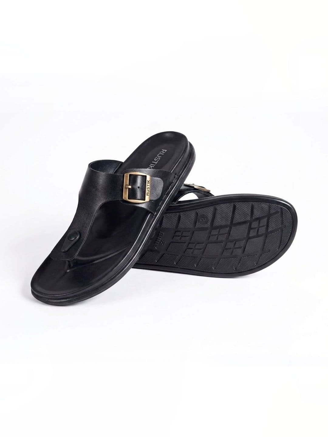 RUSTIK Men Black Textured Synthetic Leather Comfort Sandals With Buckle Detail - view 1