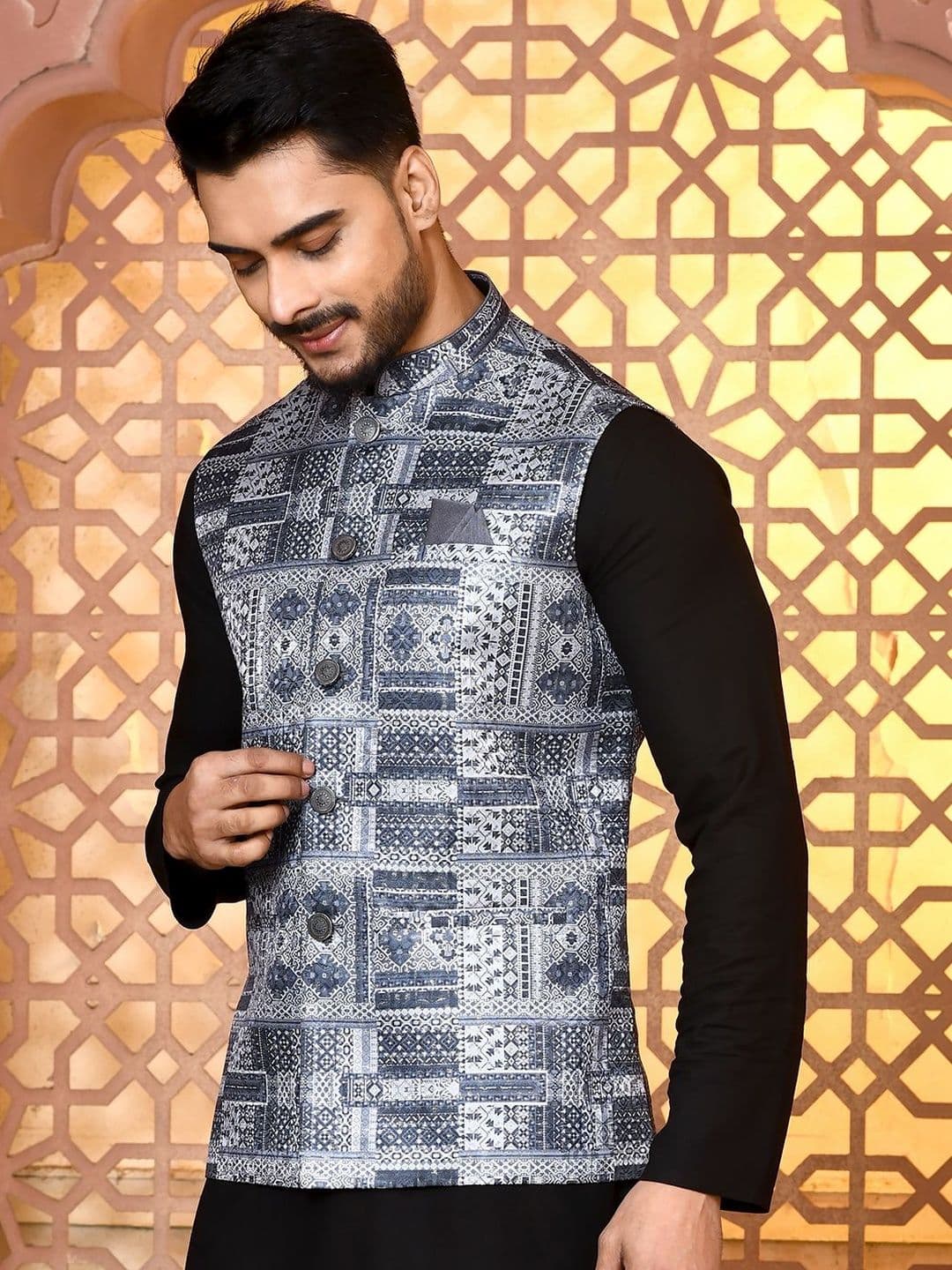 WANAS Men Multicolor Geometric Printed Premium Jacquard Nehru Jacket - view 1