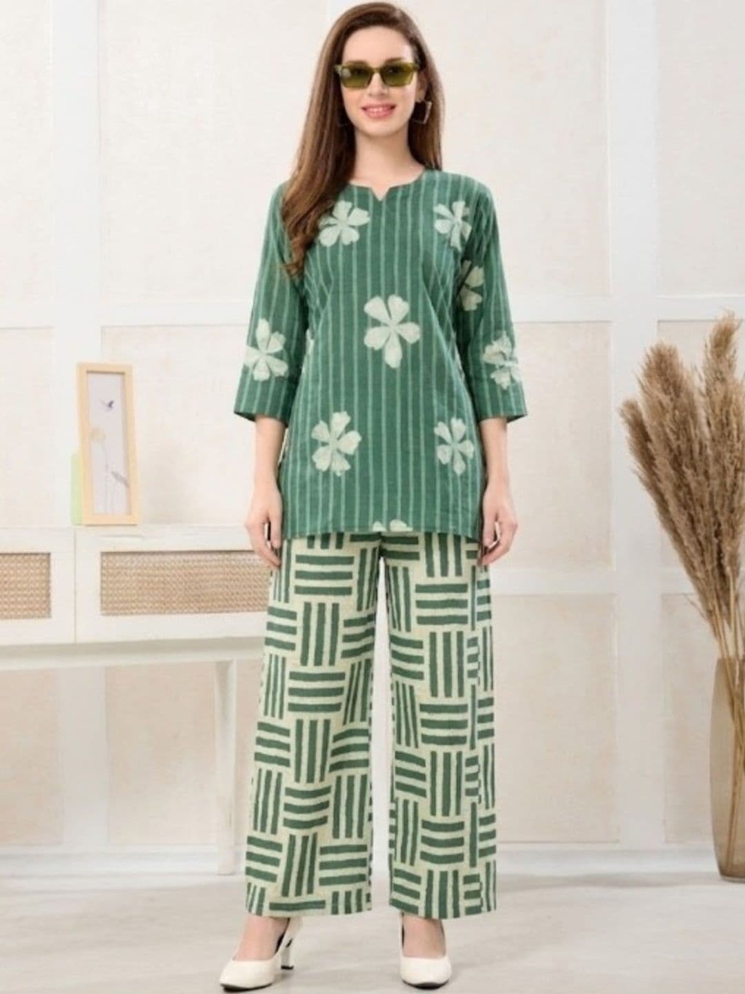 NIGHT FLOSS Cotton Printed Tunic with Palazzos - view 1