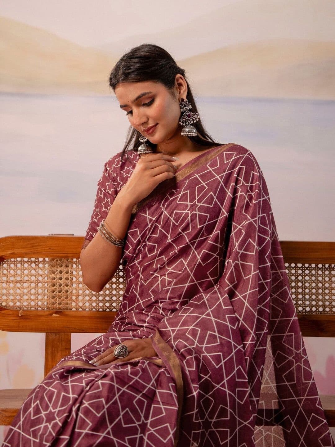 Sangria Geometric Printed Ready to Wear Saree with Blouse Piece - view 1