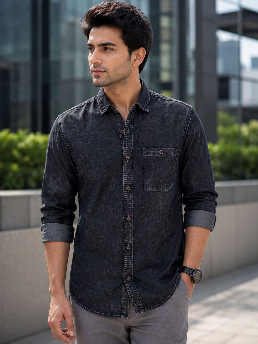 D Finish Spread Collar Smart Denim Casual Shirt - view 1
